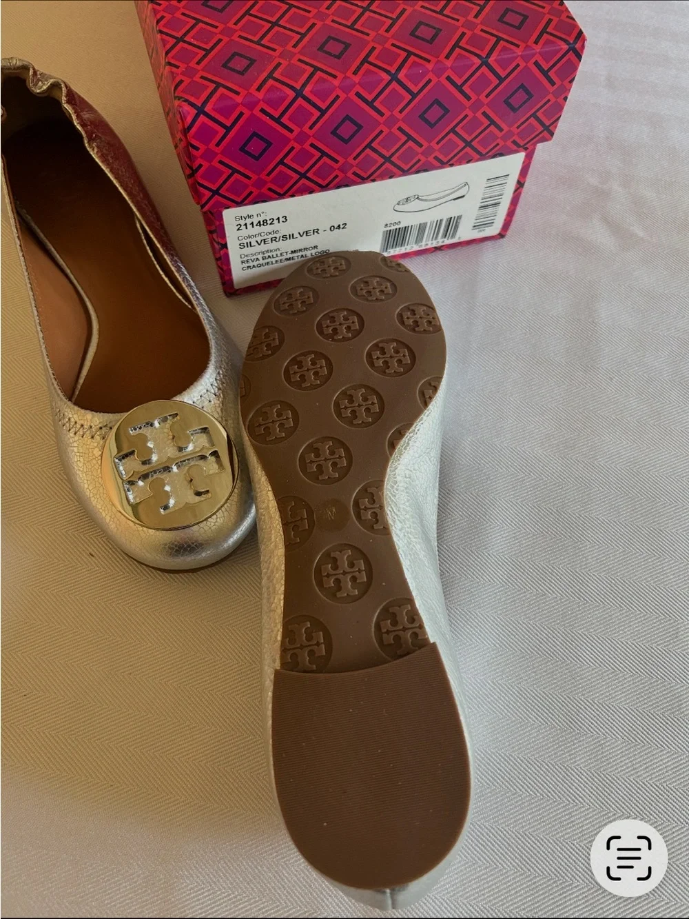 NIB TORY BURCH Reva Silver Metallic Glitter Logo Ballet Flats Leather Shoes   7